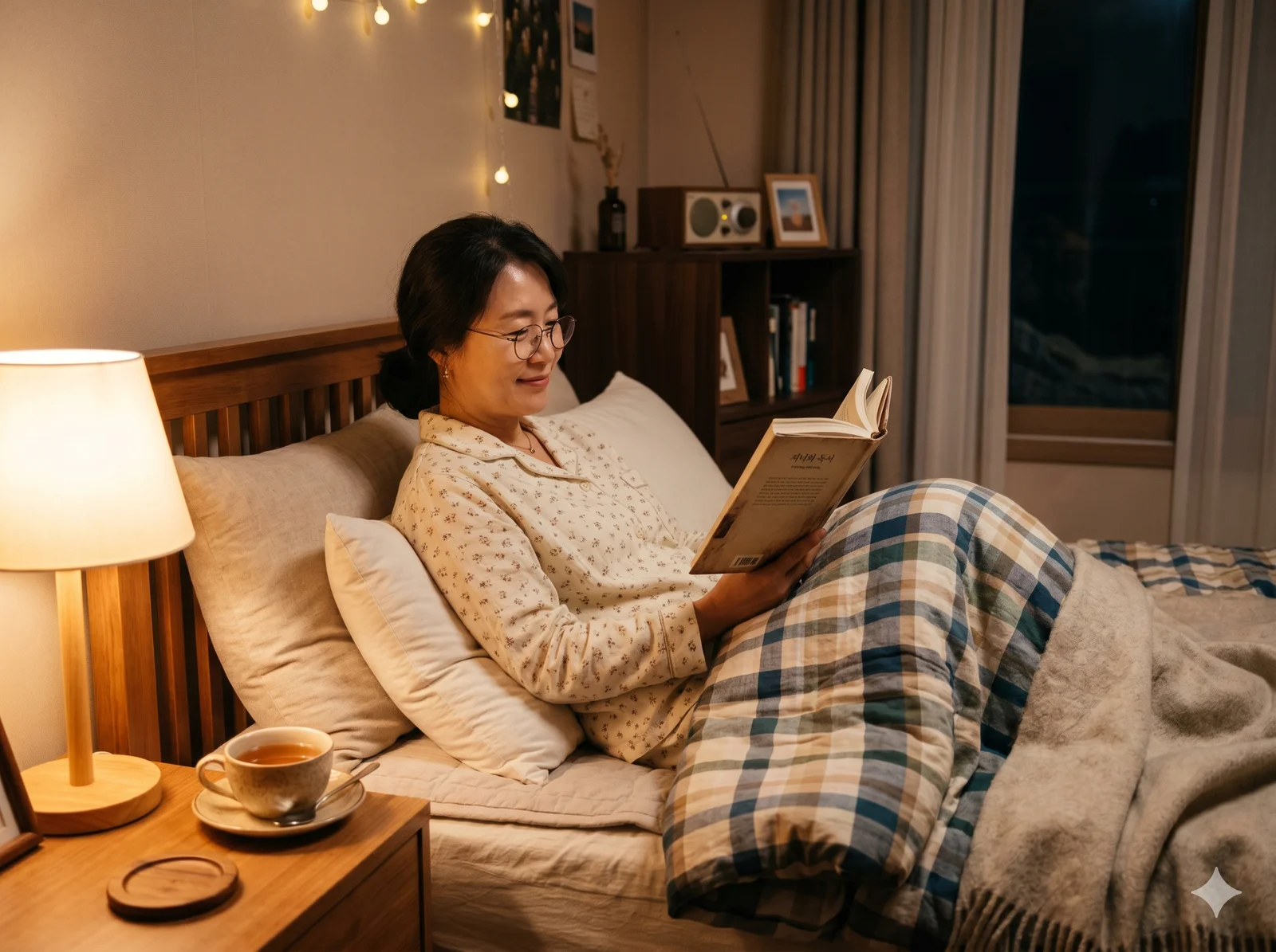 A woman enjoying a calm bedtime routine with tea and a book